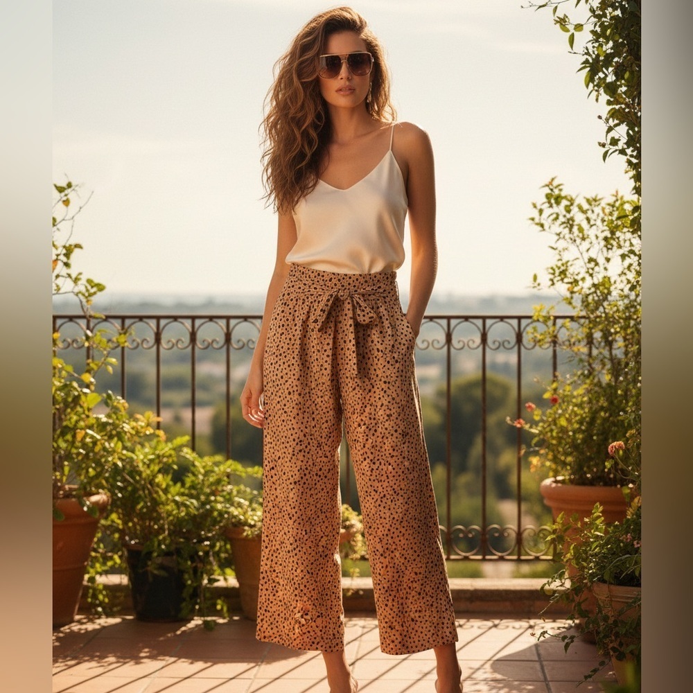 Abercrombie & Fitch leopard print wide-leg pull-on pants with a tie waist- med